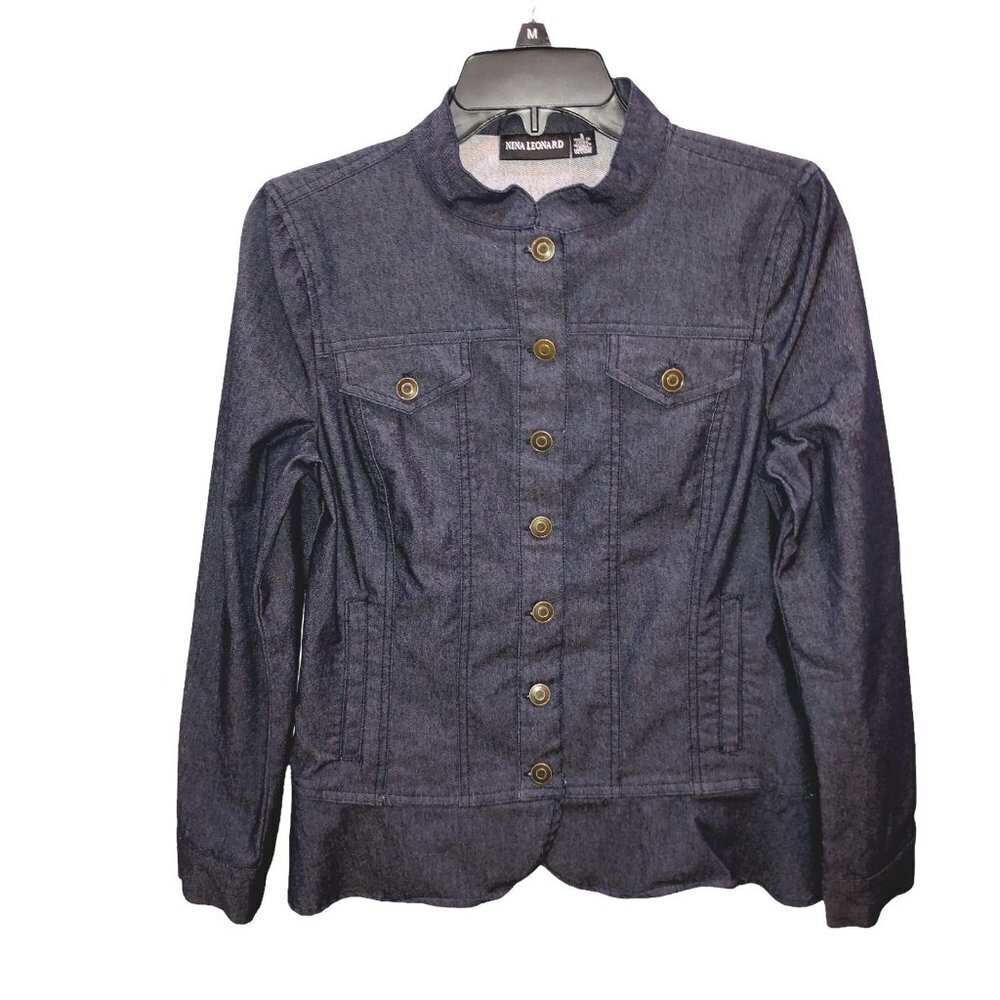Nina Leonard Womens Small Dark Wash Long Sleeve Button Front Denim Jean Jacket - Picture 2 of 10